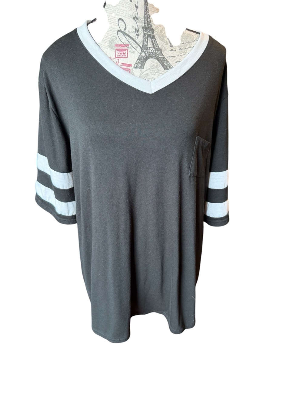 Black V-Neck Pocket Tee with White Stripe Sleeves